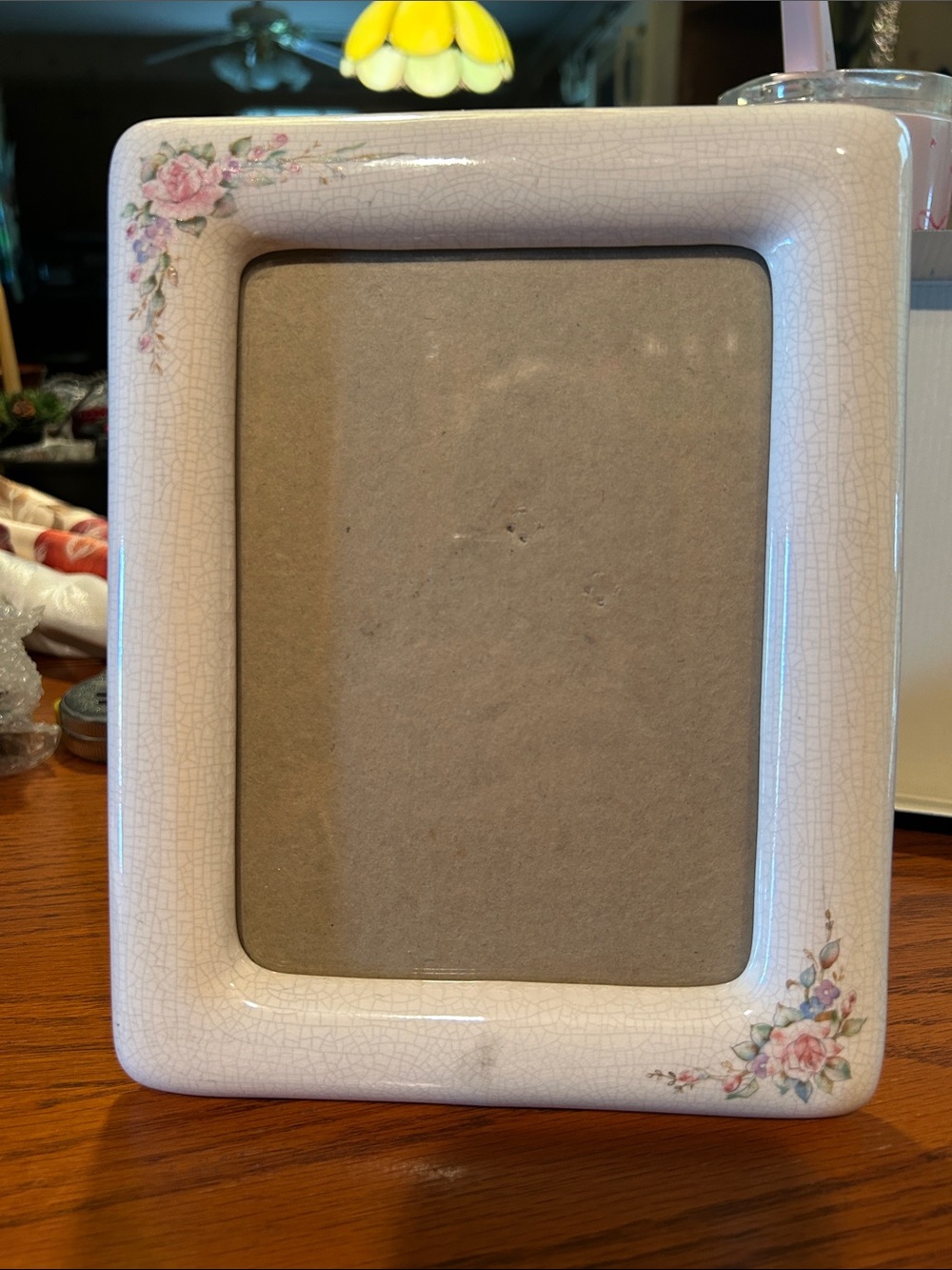 Vintage 1982 Floral Ceramic Photo Frame in White with Pink Rose Accents